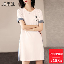 海青蓝2018夏季新款女装气质短袖休闲淑女宽松显瘦连衣裙子02158图片
