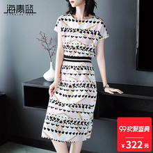 海青蓝2018夏季新款欧美时尚宽松圆领收腰印花淑女连衣裙女02448图片