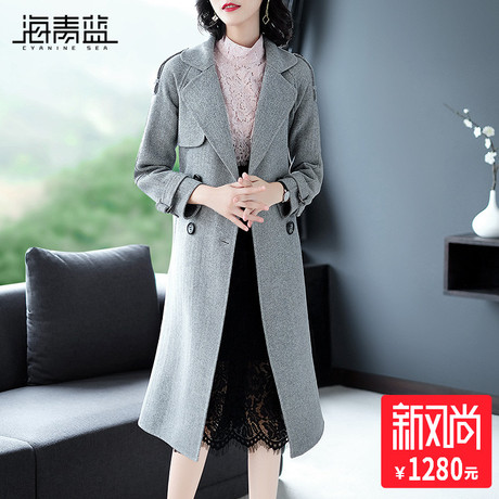 海青蓝2018秋装新款女西装领长袖修身双排扣中长款毛呢外套04037商品大图
