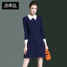 海青蓝2018春装新款女装欧美时尚镶钻拼接修身显瘦A字连衣裙00059图片