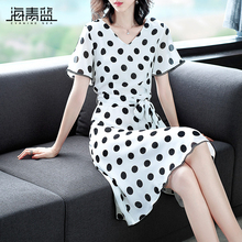 海青蓝2018夏季新款女装时尚V领气质简约洋气高腰修身连衣裙02837图片