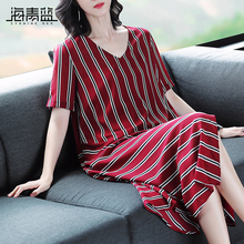 海青蓝2018夏季新款潮流时尚洋气欧美宽松气质条纹连衣裙女02423图片
