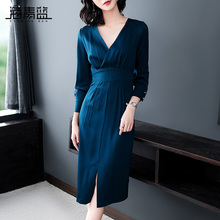 海青蓝2018秋季新款女装时尚V领长袖高腰显瘦修身气质连衣裙04842图片