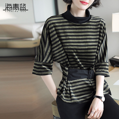海青蓝2018秋装新款女时尚高领蝙蝠袖绑带拼接丝绒条纹上衣05172商品大图