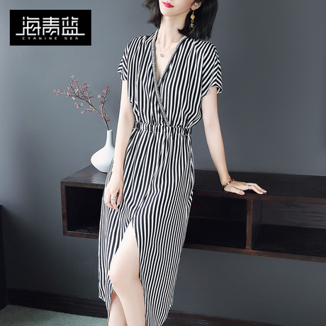 海青蓝2018夏季新款女装气质条纹V领短袖收腰修身开叉连衣裙00928商品大图