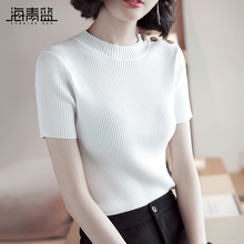 海青蓝女装夏装2018新款圆领短袖纯色紧身短款针织T恤衫上衣02342图片