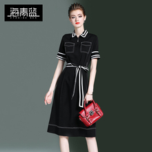 海青蓝2018夏季新款女polo领短袖系带撞色修身收腰连衣裙潮03058图片