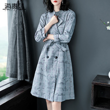 海青蓝秋装女2018新款时尚九分袖高腰系带宽松休闲风衣外套C05828图片