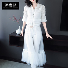 海青蓝2018夏装新款女装七分袖修身时尚网纱仙气百搭短外套01606图片
