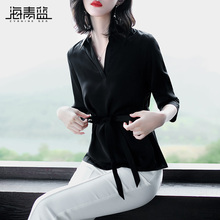 海青蓝2018秋装新款女时尚POLO领黑色系带荷叶边修身雪纺衫05328图片