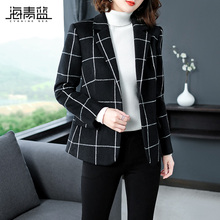 海青蓝2018秋装新款女时尚黑色长袖小西装短款格子毛呢外套05617图片