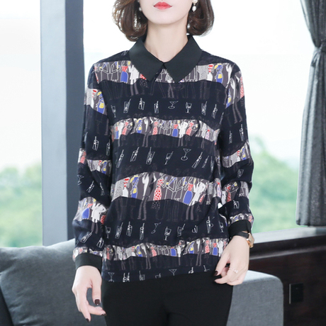 胖mm秋季女装2018新款翻领长袖上衣200斤加大码宽松遮肚子打底衫商品大图