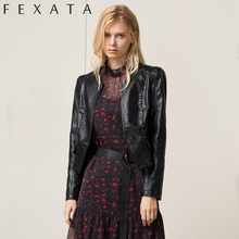 FEXATA春装新款仿真皮长袖短款皮衣上衣女装休闲夹克短外套图片
