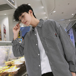 港风条纹衬衫男长袖宽松韩版百搭潮流休闲薄款网红学生格子衬衣