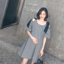 AMUM夏装新品孕妇装 黑白格子露肩短袖连衣裙