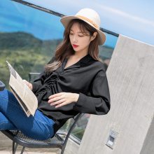 桔熊春秋季松紧系带露肚两穿纯色衬衫领长袖上衣女大码AB8145图片