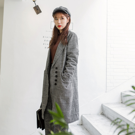 桔熊千鸟格子抓绒加厚毛呢子外套中长款大衣女秋冬大码EA2189商品大图