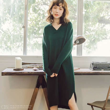 桔熊中长款毛衣女装秋冬季宽松V领加厚针织连衣裙大码FA1763商品大图