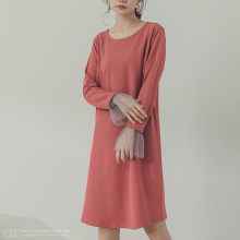 桔熊秋装纯色气质圆领长袖拼接网纱宽松连衣裙女大码AB8129图片