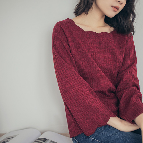 桔熊秋季通勤纯色弹力坑条花瓣领长袖上衣女装大码AB8211商品大图
