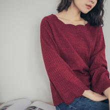 桔熊秋季通勤纯色弹力坑条花瓣领长袖上衣女装大码AB8211图片