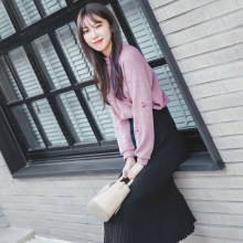 桔熊韩系玫瑰刺绣木耳边蕾丝领针织衫上衣女装秋冬大码AB5904图片