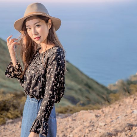 桔熊秋装韩系甜美荷叶边娃娃衫碎花喇叭袖上衣女大码AB8169商品大图