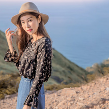 桔熊秋装韩系甜美荷叶边娃娃衫碎花喇叭袖上衣女大码AB8169图片