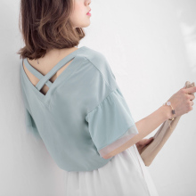 桔熊夏装甜美V领后交叉美背喇叭袖侧开衩上衣女大码AB3805图片