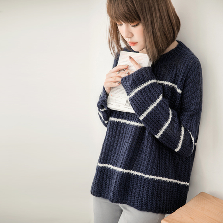 桔熊保暖撞色条纹蓬松针织衫毛衣长袖女装秋冬大码FA1475商品大图