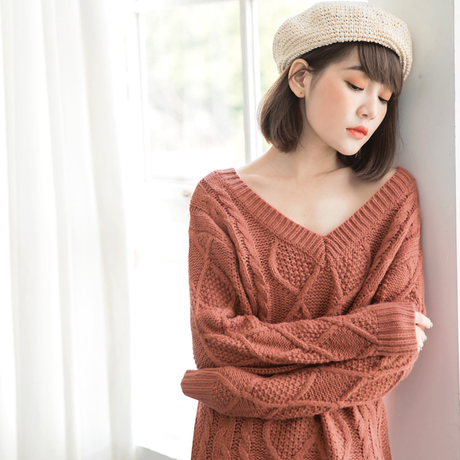 桔熊性感大V领麻花针织衫套头保暖毛衣女装秋冬大码FA1615商品大图
