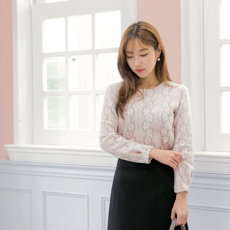 桔熊韩版气质厚上衣圆领长袖花瓣蕾丝衫女秋冬潮大码AB5894商品大图
