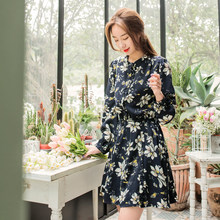 桔熊优惠春秋装韩版名媛印花长袖松紧腰及膝连衣裙女大码DA5378图片