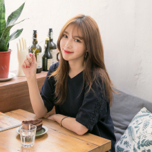 桔熊桔选春秋装韩版甜露背蕾丝钩花网纱五分半袖上衣女大码AB6123图片