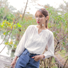 桔熊桔选春秋装韩版半开襟V领长袖亲肤蕾丝衫上衣女大码AB5879图片