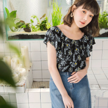 桔熊夏装甜美叶子印花一字领荷叶边露肩上衣女大码AB6412图片