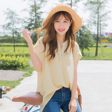 桔熊夏季小清新竖条纹半开襟中长款衬衣上衣女大码AB7264图片