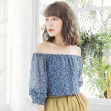 桔熊夏装甜美碎花堆堆袖一字领露肩雪纺衫上衣女大码AB7649图片