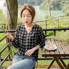 桔熊优惠春秋装英伦风外穿桃心领格子长袖衬衣上衣女大码AB1145图片