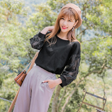 桔熊秋装韩版透视蝴蝶网纱拼接袖T恤仙气上衣女大码AB7790图片