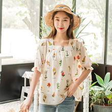 桔熊夏装宽松花朵印花荷叶边灯笼袖方领上衣女大码AB6219图片