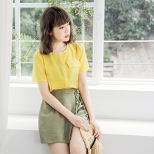 桔熊夏装纯色单排扣口袋短袖无领衬衫上衣女大码AB7406图片