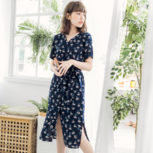 桔熊夏装气质收腰系带碎花排扣开叉短袖连衣裙女大码DA5905图片
