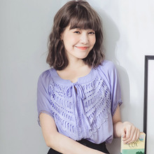 桔熊夏装纯色镂空蕾丝短袖宽松套头上衣女大码AB7336图片