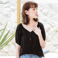 桔熊夏装竖条毛边桃心领单排扣衬衫上衣女大码AB7189图片