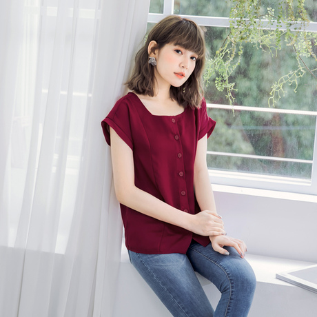 桔熊夏装简约纯色方领单排扣短袖上衣女胖妹妹大码AB7632商品大图