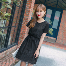 桔熊夏装韩版小礼服裙收腰绑带蕾丝连衣裙女大码DA5855图片