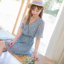 桔熊夏装韩版飘逸碎花蝴蝶印花收腰V领连衣裙女大码DA5883图片
