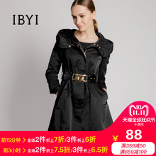 IBYI乙佰乙纳新品女装上衣舒适通勤中长款九分袖黑色修身风衣外套图片