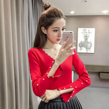 2018秋冬女装新款韩版时尚纯色套头V领长袖钉珠修身显瘦针织衫女图片
